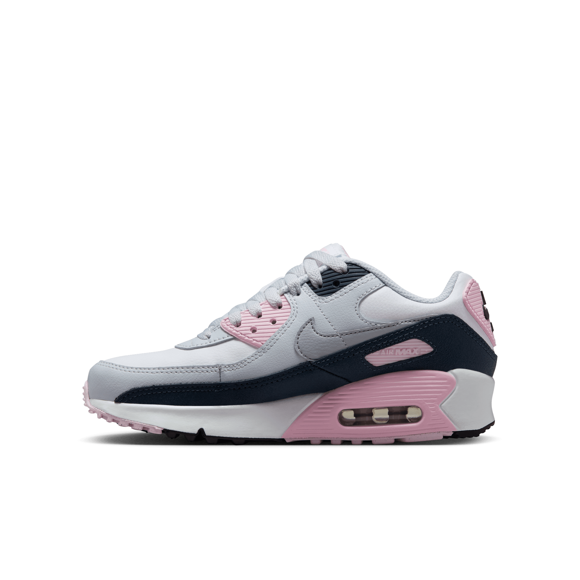 Big Kids' Nike Air Max 90 LTR "White Pink Foam Armory Navy Wolf Grey"