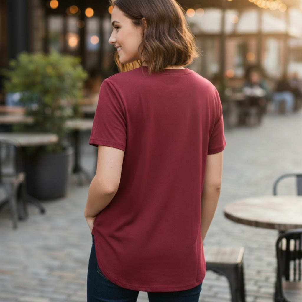 Women's The Closet Inc Curved Hem T-Shirt “ MAROON PLAIN