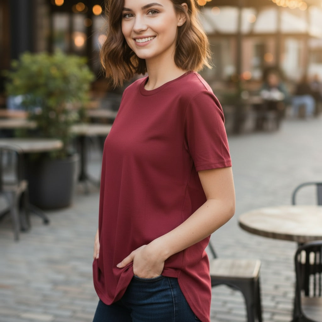 Women's The Closet Inc Curved Hem T-Shirt “ MAROON PLAIN