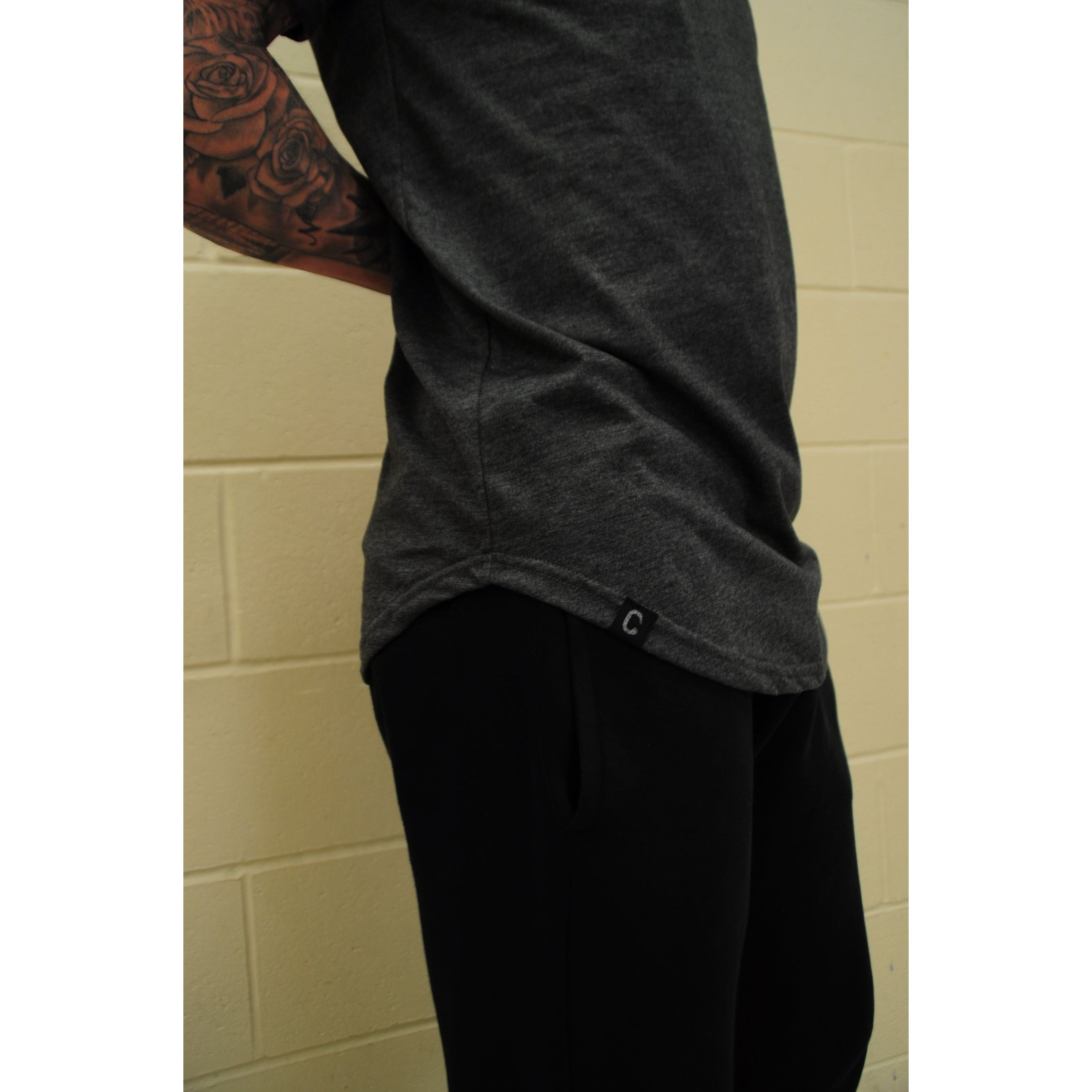 The Closet Inc Men Curved Hem T-Shirts “ Charcoal With Clear C