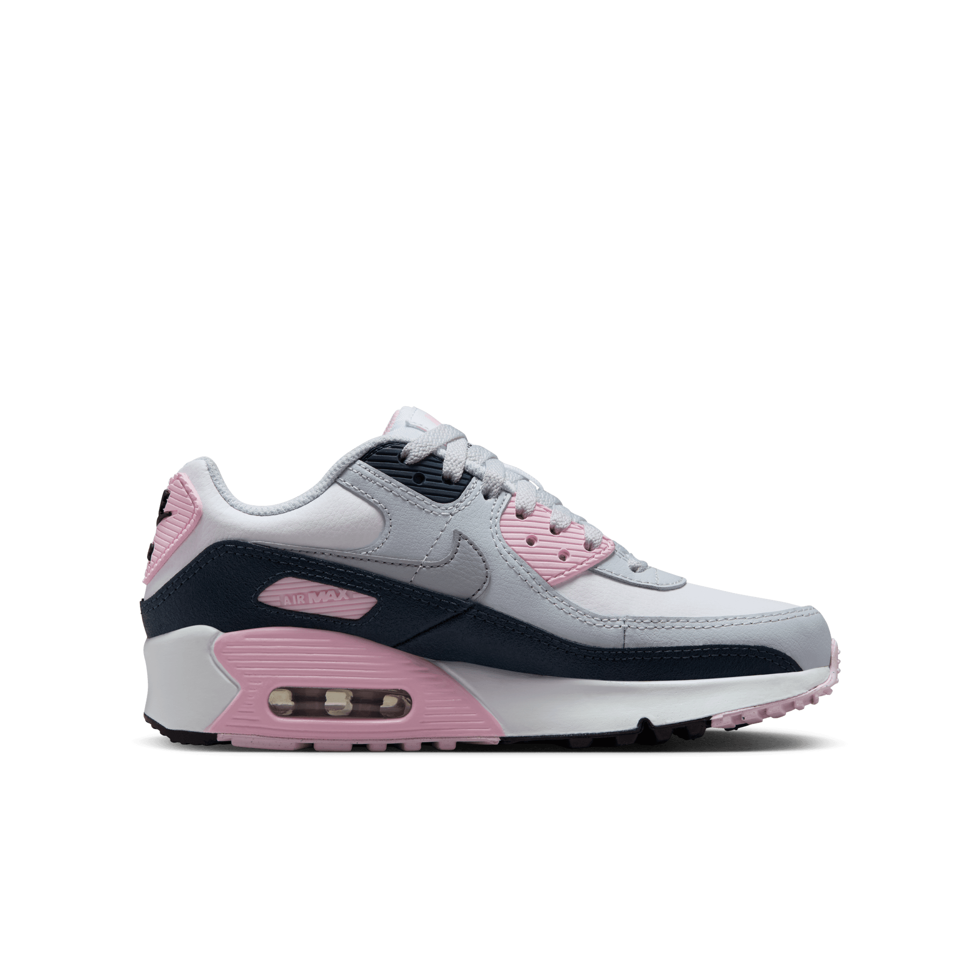Big Kids' Nike Air Max 90 LTR "White Pink Foam Armory Navy Wolf Grey"