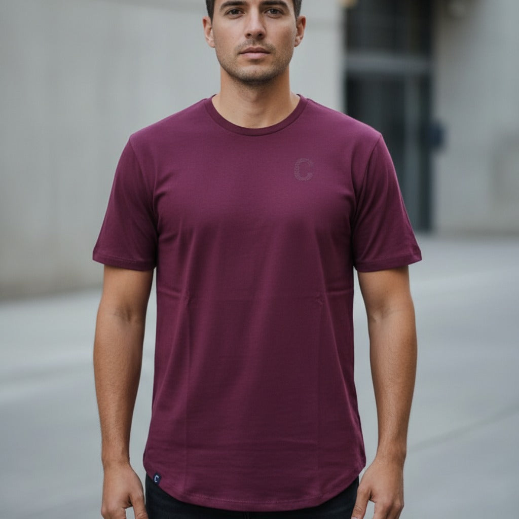Men 's The Closet Inc Curved Hem T-Shirts “ Burgundy With Clear C
