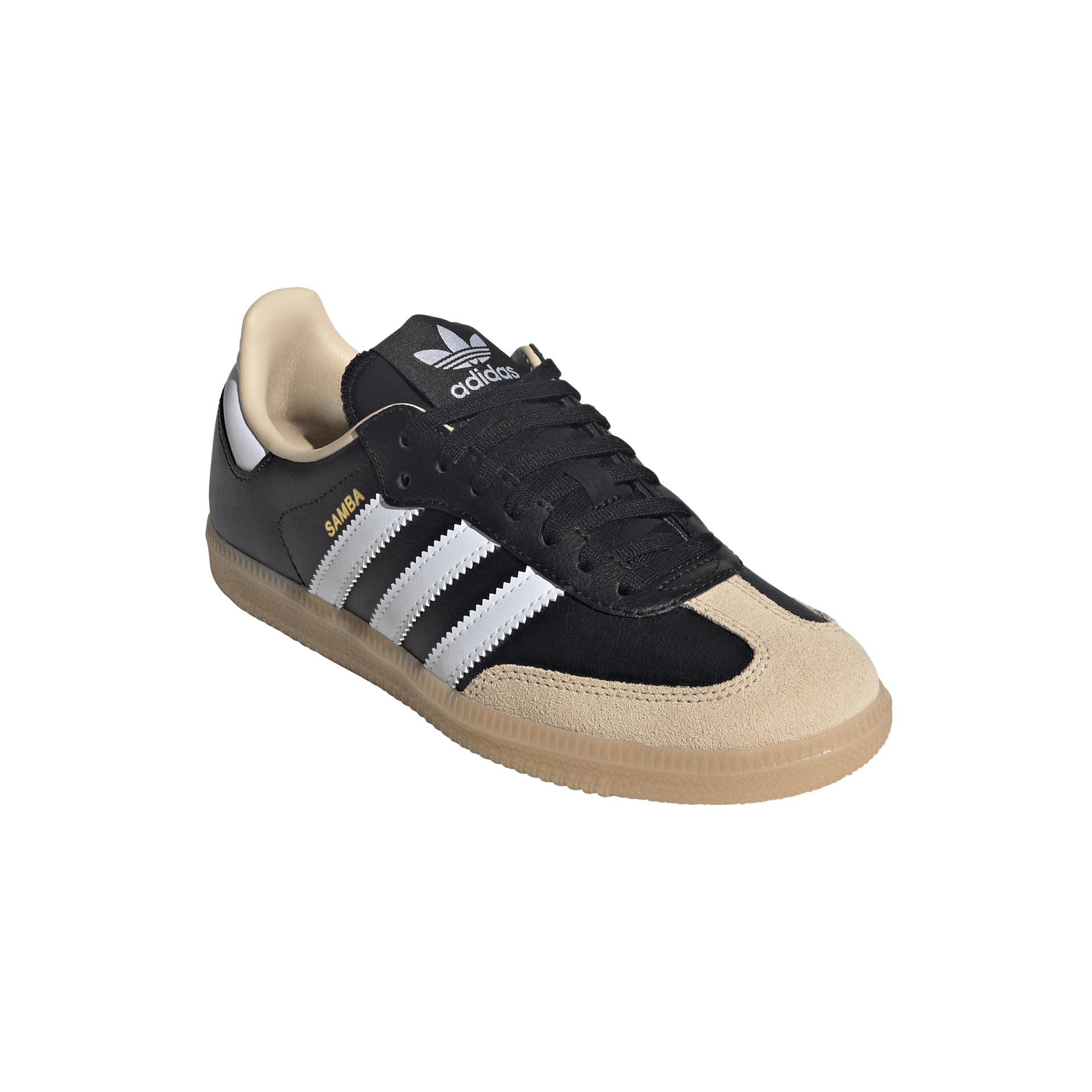 Big Kids' Adidas Samba OG J "Black White Beige Gum" The Closet Inc. Big Kids' Adidas Samba OG J "Black White Beige Gum" The Closet Inc.