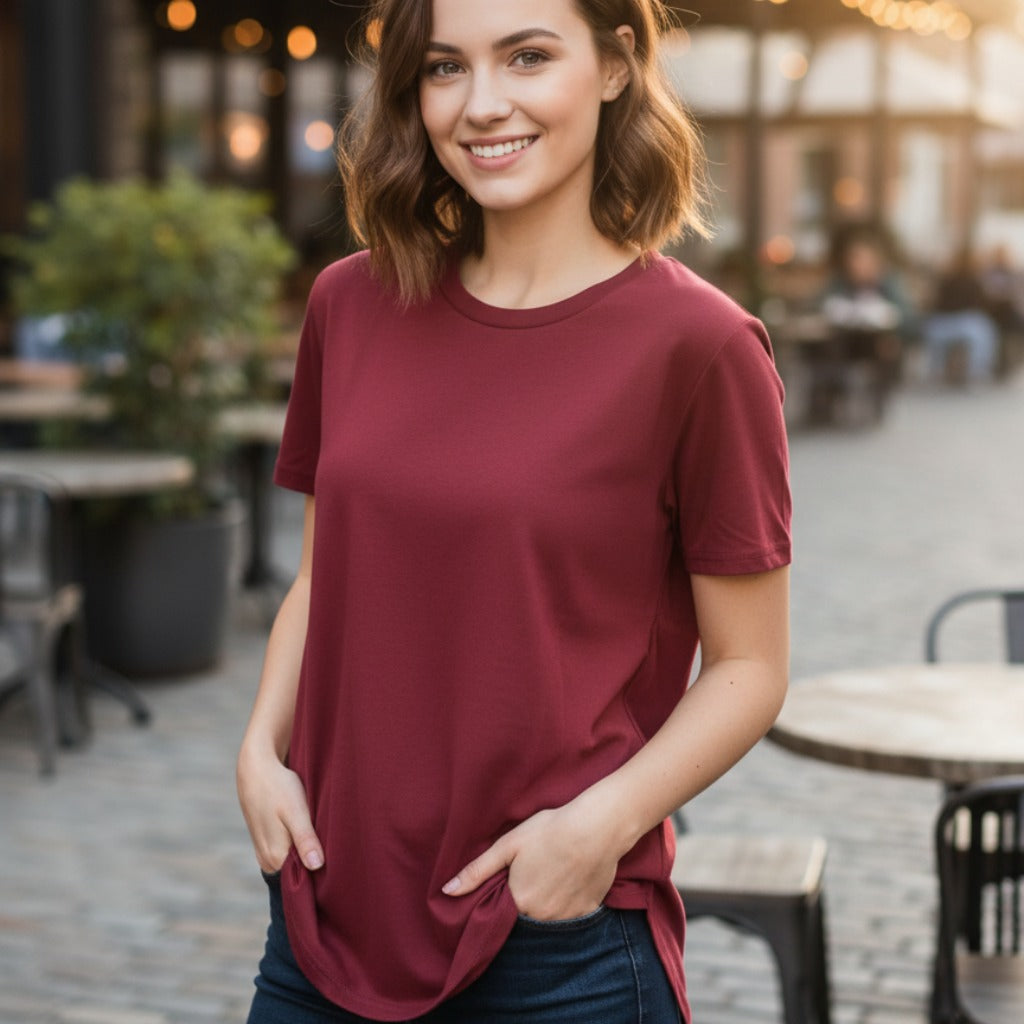 Women's The Closet Inc Curved Hem T-Shirt “ MAROON PLAIN