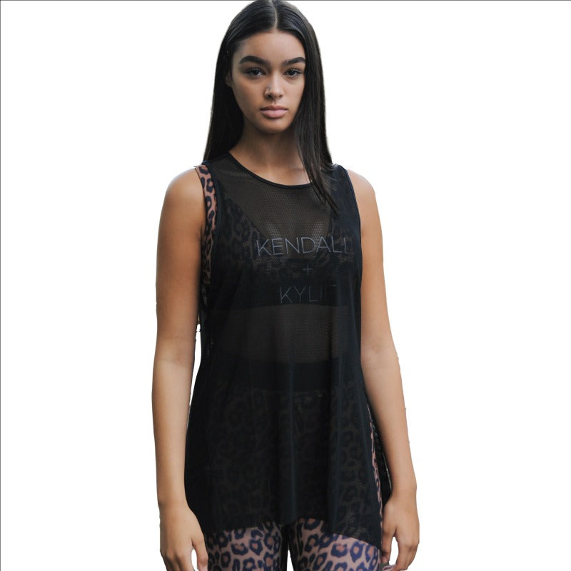 Women's Black Mesh Knotted Tank